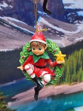 New Elf holding star sitting in a wreath Resin Glittered  Christmas Ornament