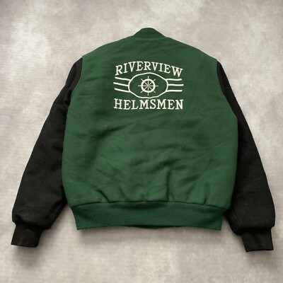 Vintage 80s 90s Riverview Helmsmen Varsity Jacket Size M Green Wool Bomber Mass 