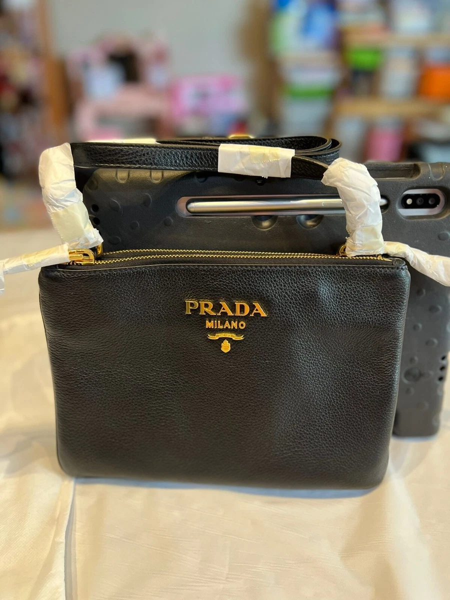 PRADA DOUBLE ZIP LEATHER CROSSBODY SHOULDER BAG WITH DUAL STRAPS