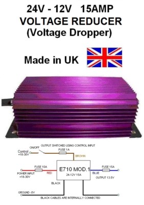 24V auf 12V SPANNUNGSREDUZIERER, 24V-12V SPANNUNG TROPFER 15AMP 180W DC-DC, Made in UK 