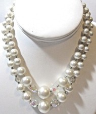 BEIGE SATINY FAUX PEARL NECKLACE CRYSTAL AND GLASS SPACER BEADS DOUBLE STRAND