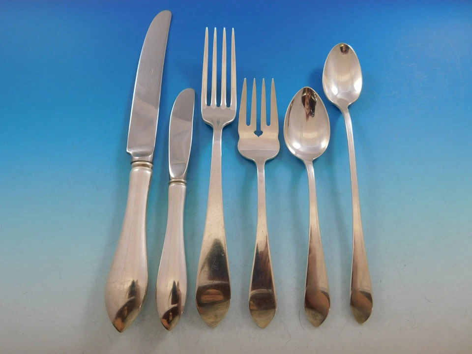 Juego de cubiertos antiguos puntiagudos de R&B D&H de plata de ley 12 servicio 90 piezas cena Foto 2 de 4