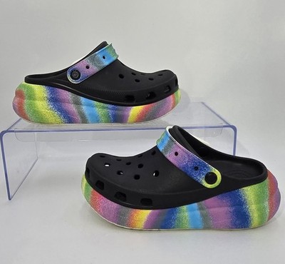 Crocs Classic Crush Spray Dye Rainbow Black Platfrom Clogs Men Size 5 Or Women 7