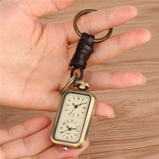 Bronze Rectangle Dual Time Zone Pocket Watch Arabic  Roman Numerals Keychain