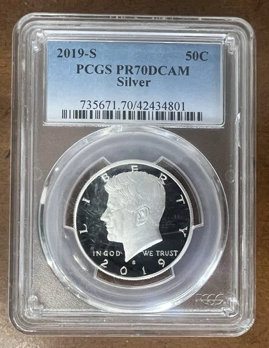 2019-S PCGS PR70 DCAM KENNEDY HALF DOLLAR .999 SILVER PROOF BLUE LABEL