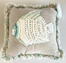 Coastal Collection Angel Fish Sequins Beads Decor Pillow Beige Blue White Fringe