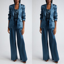 Silk Satin Blue Women's Suit Modern Fashion Ladies Slim Fit Prom Party Coat