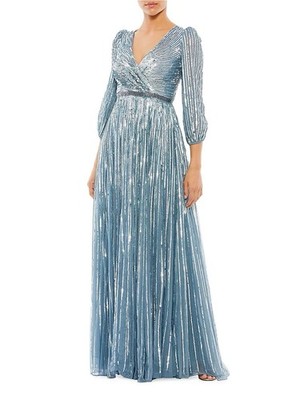 Mac Duggal NWT Blue Sequined Beaded Wrap Over 3/4 Sleeve Gown Slate Blue Size 4