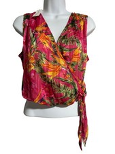 Image of Cupcakes & Cashmere Pink Floral Wrap Top With Tie Detail Smocked Back Womens XS
