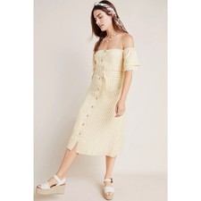 New Anthropologie Linen Off-The-Shoulder Dress SMOCKED $148 MEDIUM Yellow Stripe