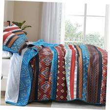 Boho Queen Quilt Set - 100 Cotton, Queen 90"x98" Red/Light Blue