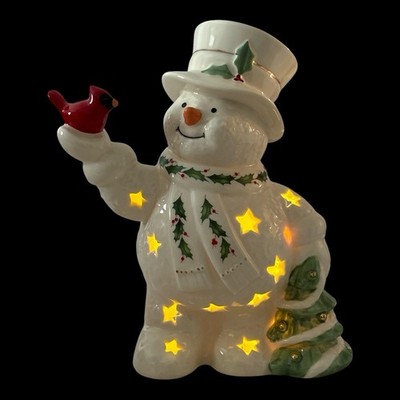 Lenox 8'' Happy Holly Days Snowman Lit Figurine with Tree Cardinal Bird 878209