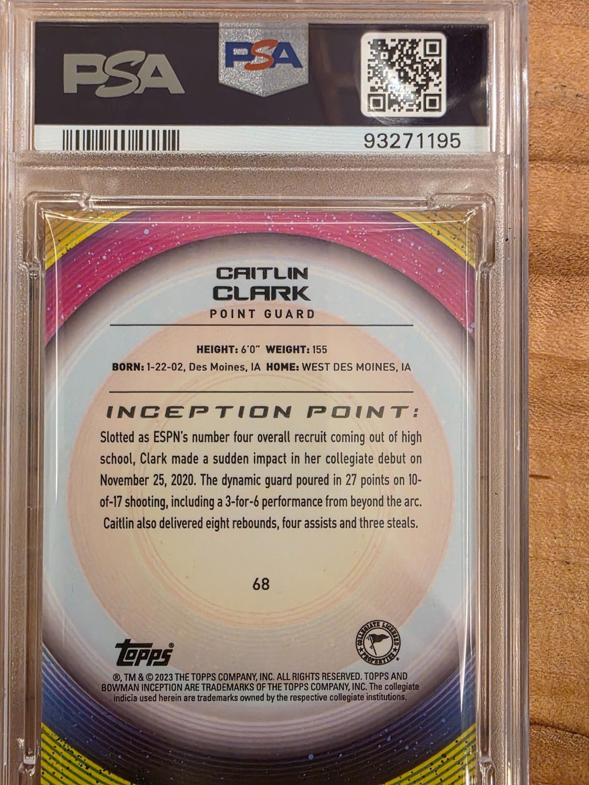 The Goat! 2022 Bowman U Inception Caitlin Clark PSA 10 view 3