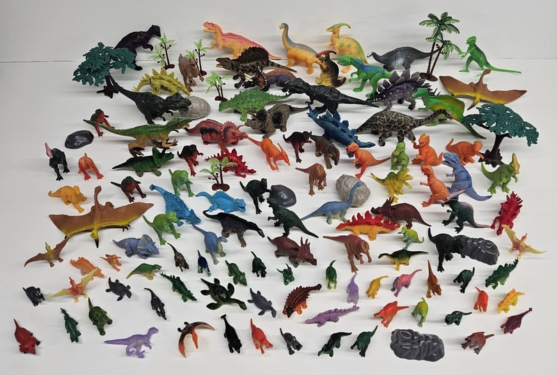 Huge Lot - Toy Dinosaur Figurines - Plastic & Rubber Mix - Trees, T-Rex, More!