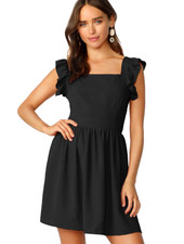 Women's Tie Back Square Neck Ruffle Strap Sleeveless A Line Flare Flowy - Medium