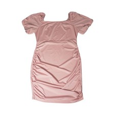 Fashion Collection Pink Ruched Puff Sleeve Square Neck Mini Bodycon Dress L