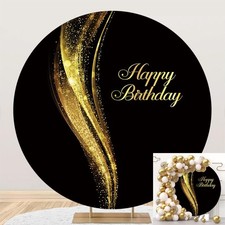 Black and Gold Round Backdrop 7.2ft Shining Fabric Happy Birthday Party Decor