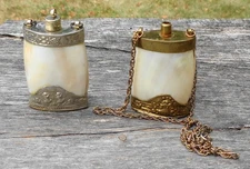 2 Antique Mother Of Pearl & Silver/Brass Engraved Snuff Perfume Bottle Penadents