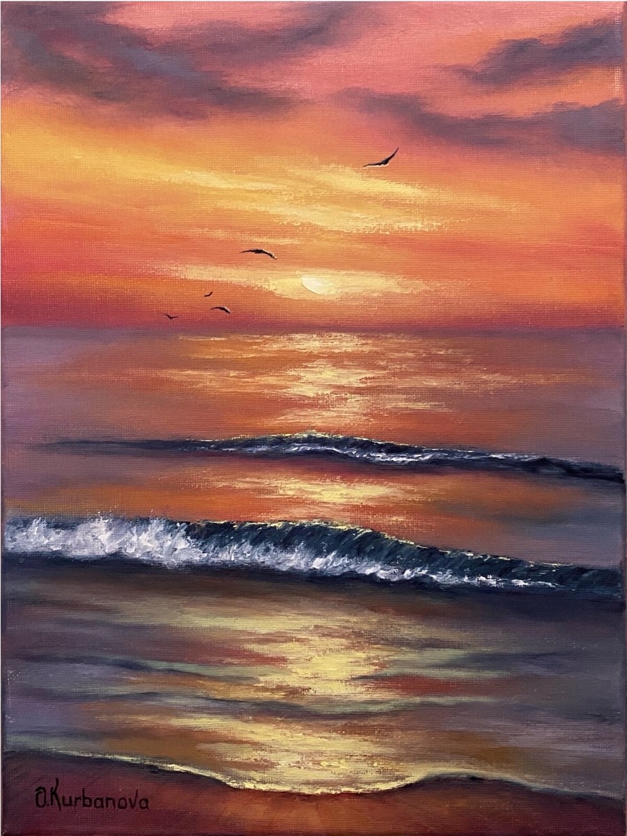 Sunset Oil Painting Original Beach Ocean Waves at Sunset Wall Art