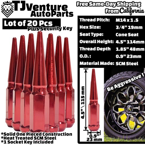20Pc Red 4.5" Tall 14x1.5 Spike Lug Nut+Key Fit Dodge Durango Ram1500 & More - Picture 2 of 3