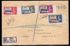 Dominica 1935 Registered Cover to UK franked Silver Jubilee Set, Scott 90-93