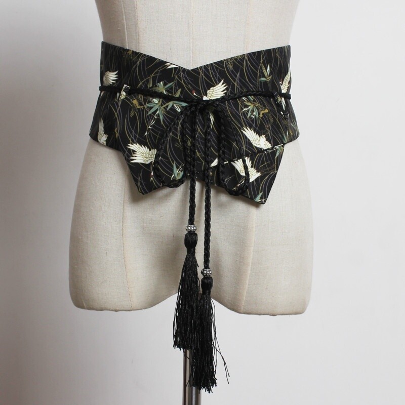 Ceinture Large Obi Brodée Noire - Style Japonais Pour Yukata Ou Tenue élégante - Taille Unique