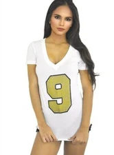 Y2K White Drew Brees 9 Graphic Gold Casual basic Fitted V-Neck T-shirt top New