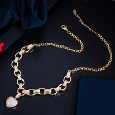 Luxury Fashion CZ Women Costume Cuban Link Chain Heart Charm Necklace Jewelry