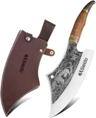 Seido Knives Tora Tsuki Cleaver, Outdoor Knife, Meat Knife with Leather Sheath