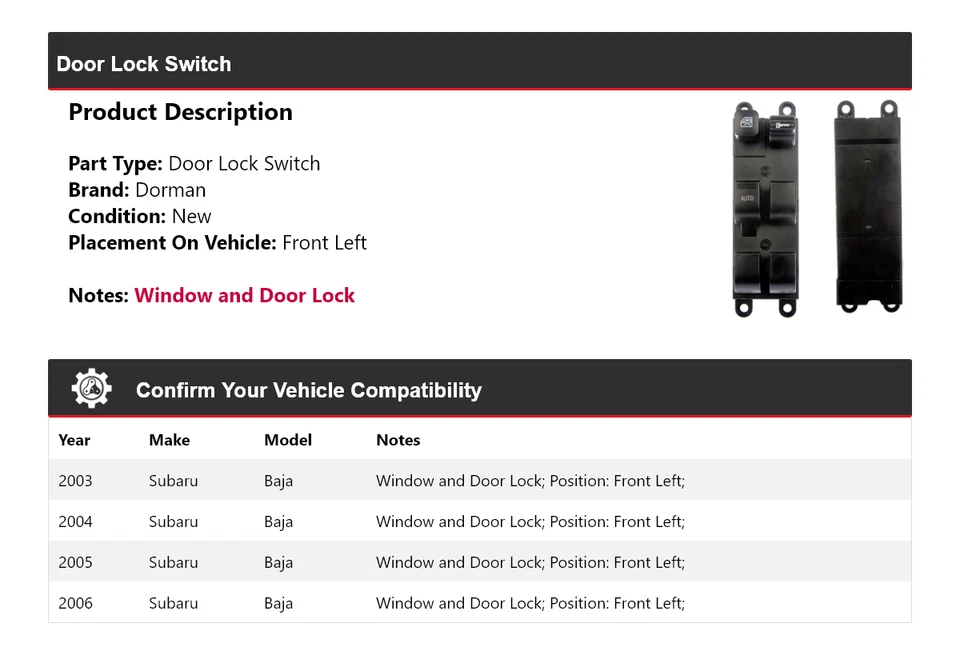 Para 2003-2006 Subaru Baja Dorman interruptor de trava de porta dianteiro esquerdo 2004 2005 - Imagem 2 de 4