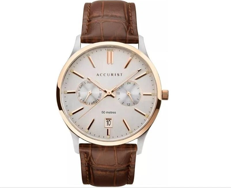 Accurist Men s Dated Multi White Dial Brown Leather Strap Watch