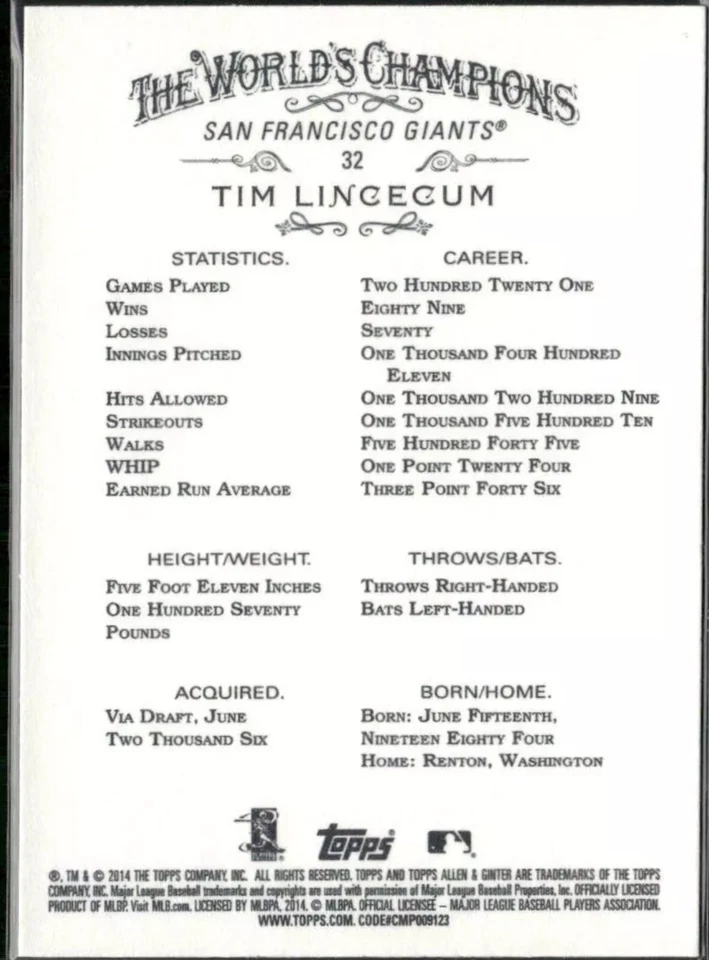 2014 Topps Allen & Ginter #32 Tim Lincecum - Image 2 of 2