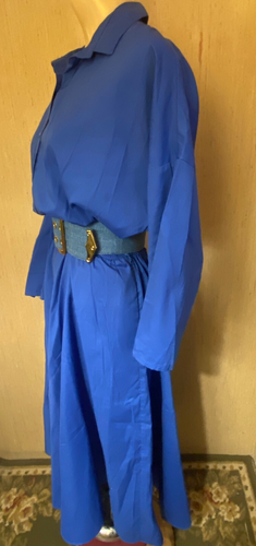 Vintage 70s Solid Blue Shirt Dress Size L Side Pockets Made in USA - Picture 3 of 7