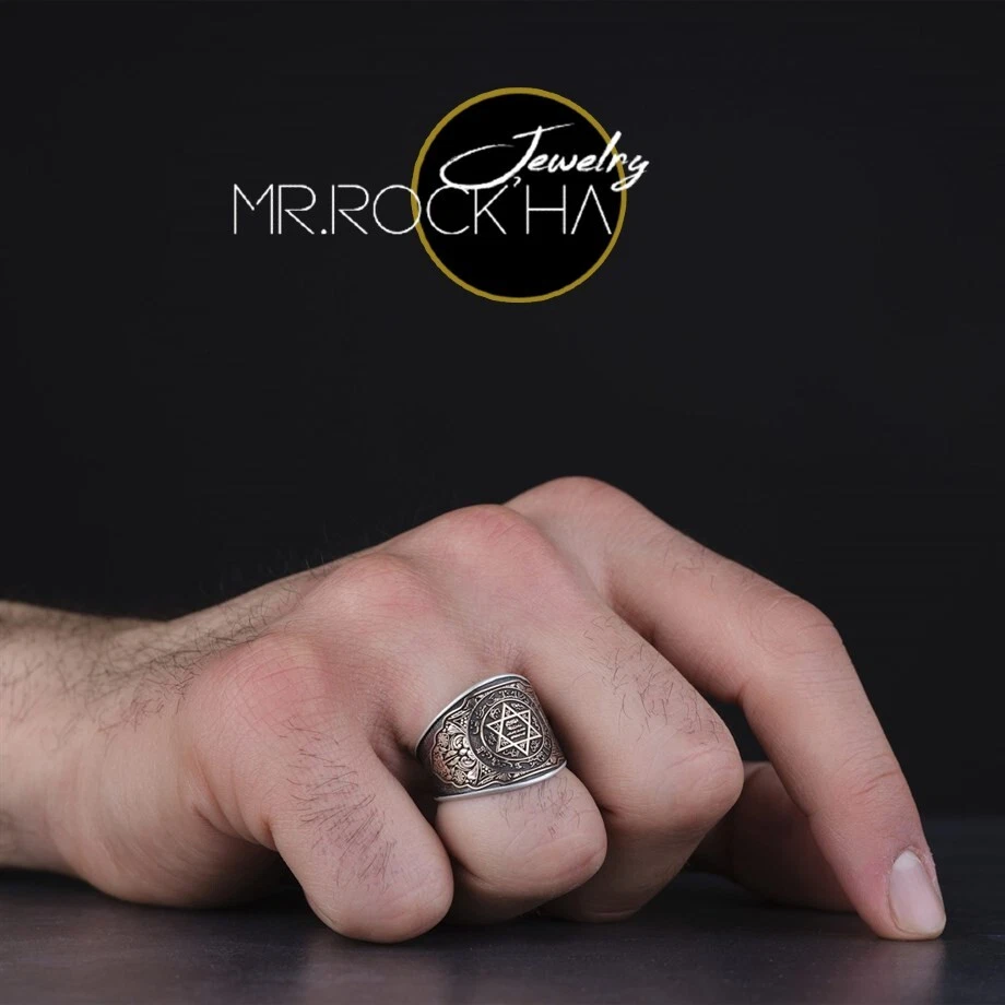 Seal of Solomon,Bronze Ring on Top,Engraving Art,925 Silver Men Pinky Band Ring - Image 3 of 4