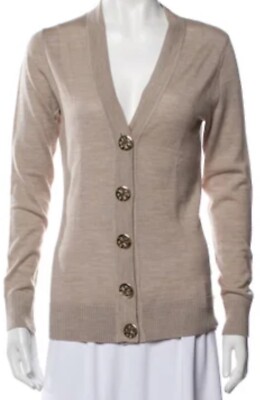 Tory Burch Heather Tan Merino Wool Cardigan Large Gold