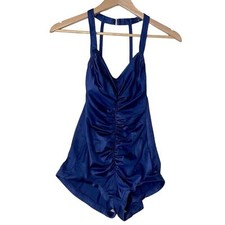 VINTAGE BATHING SUIT sz 11/12 Juniors One Piece Shirred Front Halter Neckline