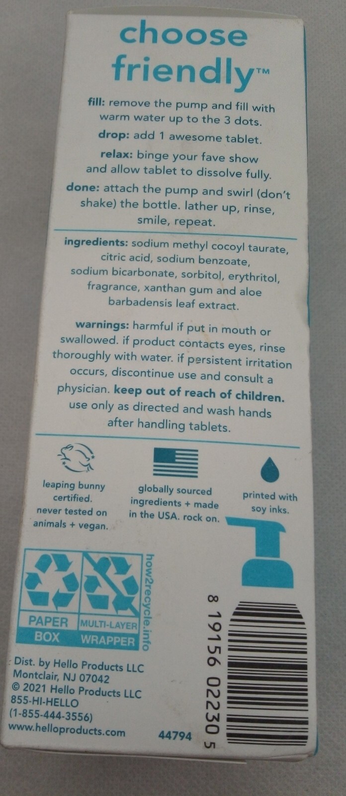 Hello Refillable Foaming Hand Wash Starter Kit 10 oz.  aloe & sea minerals, NEW