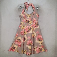 Eva Mendes Taupe Floral Halter Stretch Flowy Cocktail Flare Womens Dress Size 6