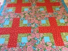 Handmade Floral Hand-Tied Quilt Lime, Orange, Blue 34 Square