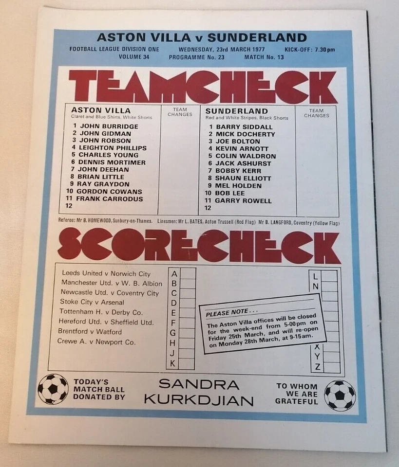 PROGRAMME - First Division Aston Villa Vs Sunderland Weds 23rd March 1977 - Image 2 of 2
