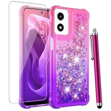 for Moto G Play 2024 Case with Screen Protector, Glitter Bling Liquid Cover Pink