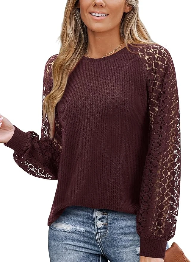 Blouse Femme Élégante Rouge Vin Manches Longues Dentelle Col Rond Tunique Fluide - Photo 1/4