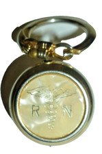 Vintage RN Registered Nurse Retractable Badge Reel Gold Tone Caduceus MOP Face