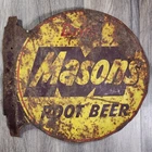 Vintage Drink Mason's Root Beer Sign Metal Double Sided Dealer Shop Store Flange