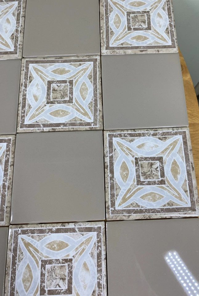 Lot Of 20 Brown Taupe White Solid & Geometric Ceramic Tiles 4"x4" - Image 4 of 4