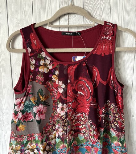 Blusa Top Desigual Roja Sin Mangas Blusa Bahamas Flotante Floral Volantes Pequeña - Imagen 3 de 14