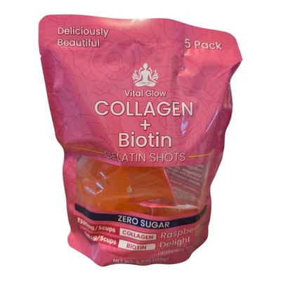 Vital Glow Collagen + Biotin Gelatin Shots 5 Pack Raspberry Delight Zero Sugar 