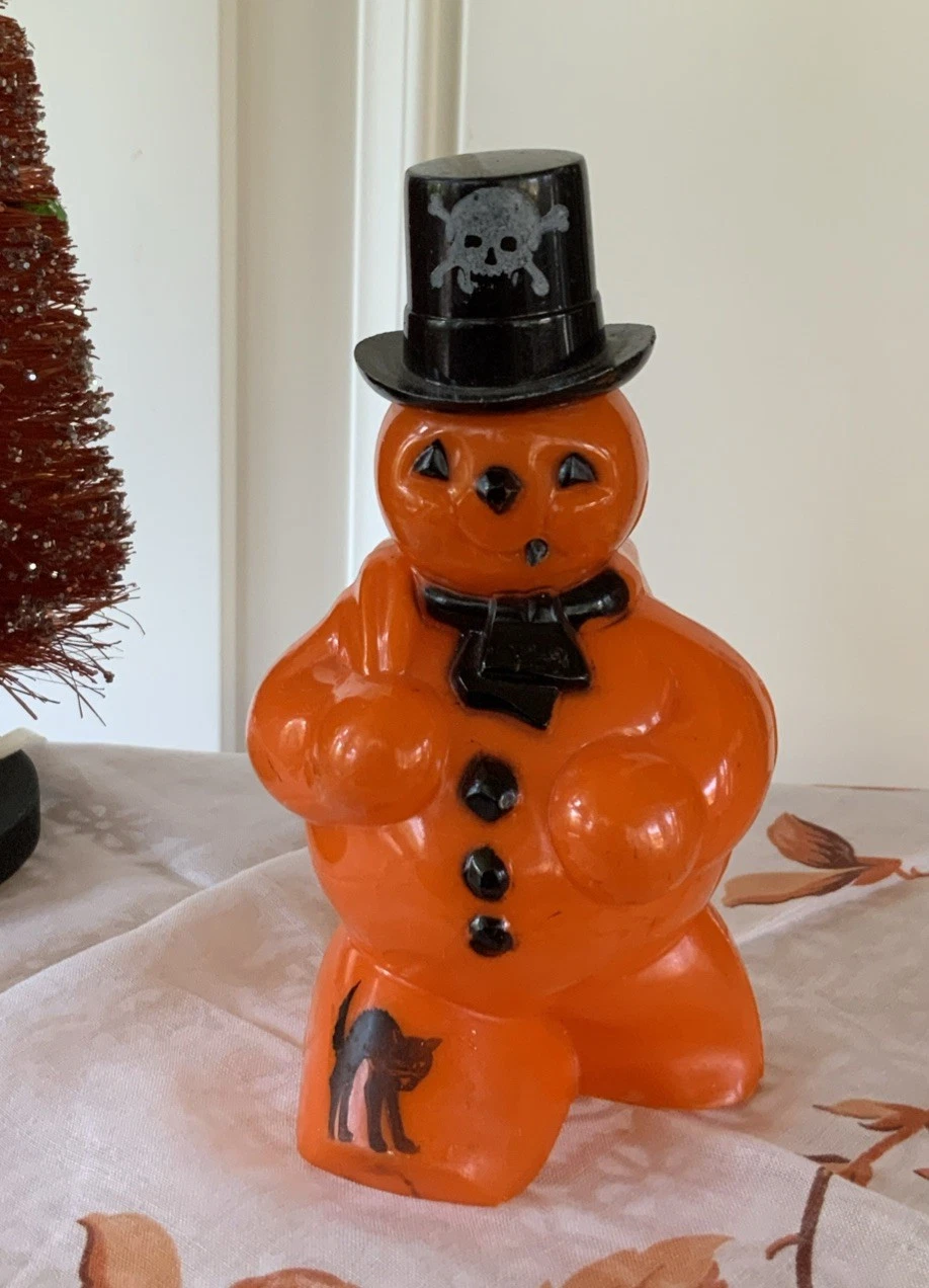 Vintage Rosen Rosbro Halloween Orange Snowman Candy Holder Skull Black Cat