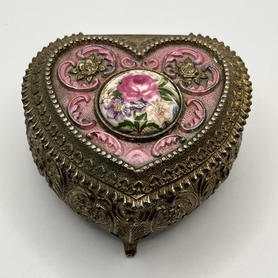 Vtg Japan Heart Metal Jewelry Casket Box Floral Cabochon Red Velvet Mini