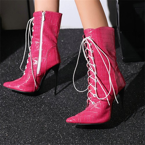 Sexy Botas al Tobillo Para Mujer Punta Punta Ultra Alta Tacón de Aguja Con Cordones Cremallera Lateral - Imagen 1 de 25
